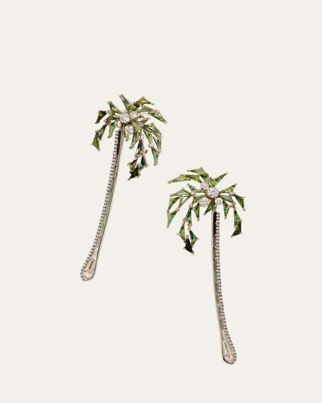 Palm & Stem Statement Earrings with Diamonds and Tourmaline